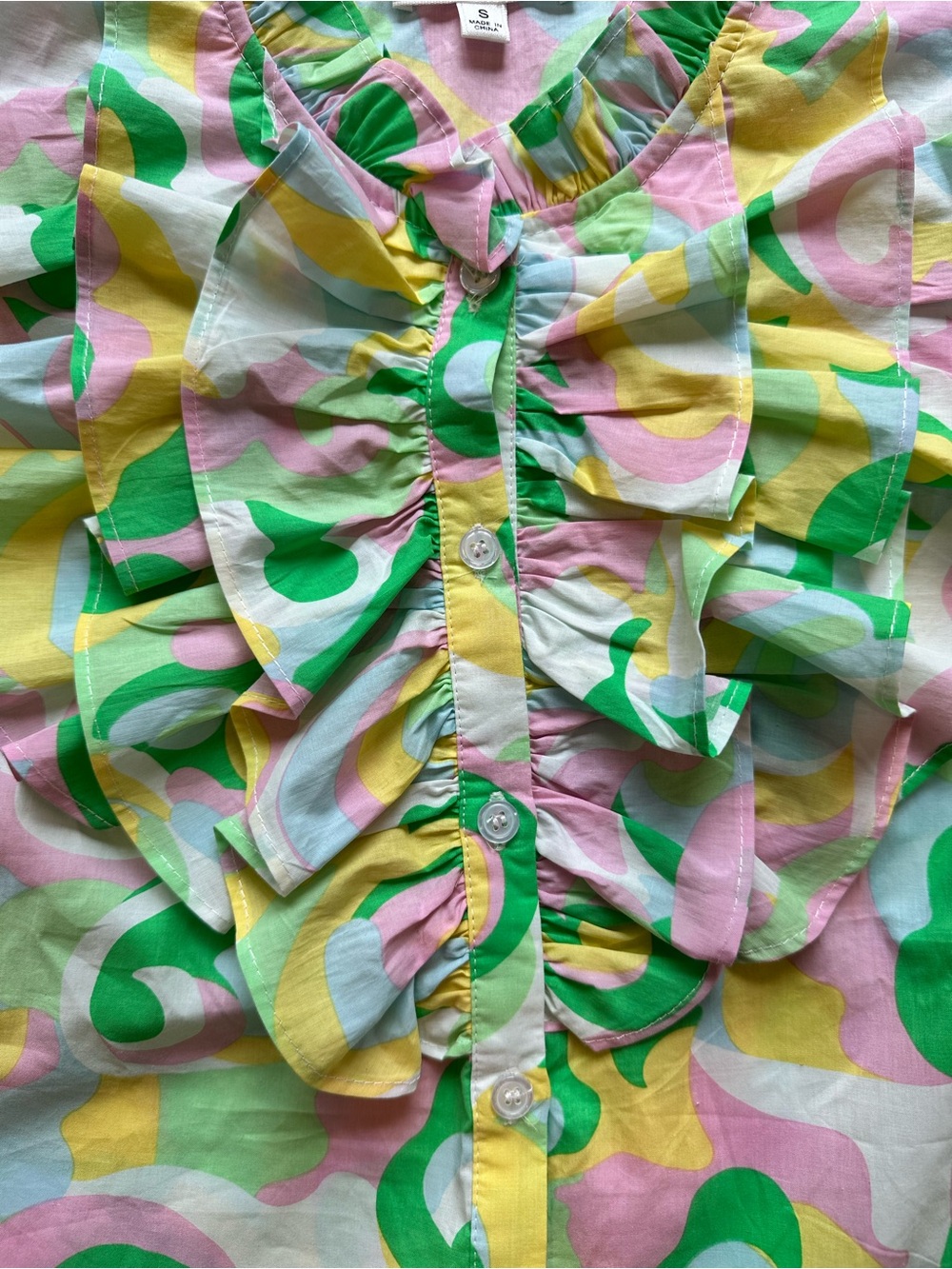 Rubienn Ruffle Blouse Small Colorful Abstract Print Puff Sleeve Cotton